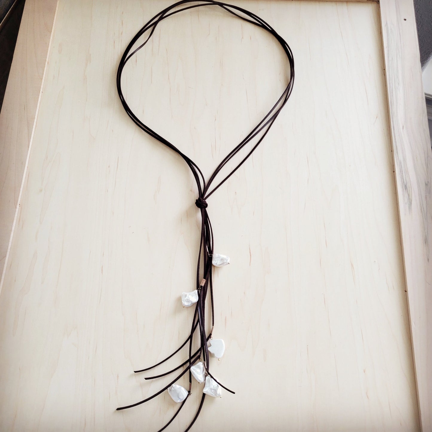 Dark Brown Boho Knotted Leather Cord Necklace w/ Pearls 263w