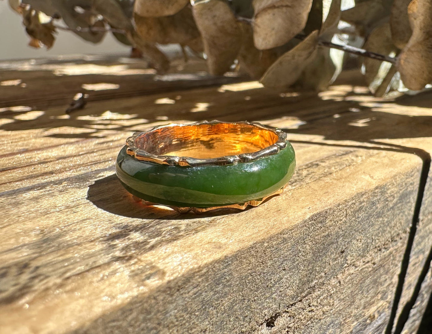 Blaise Jade Ring with green Canadian nephrite jade and gold-plated vintage setting in warm natural light