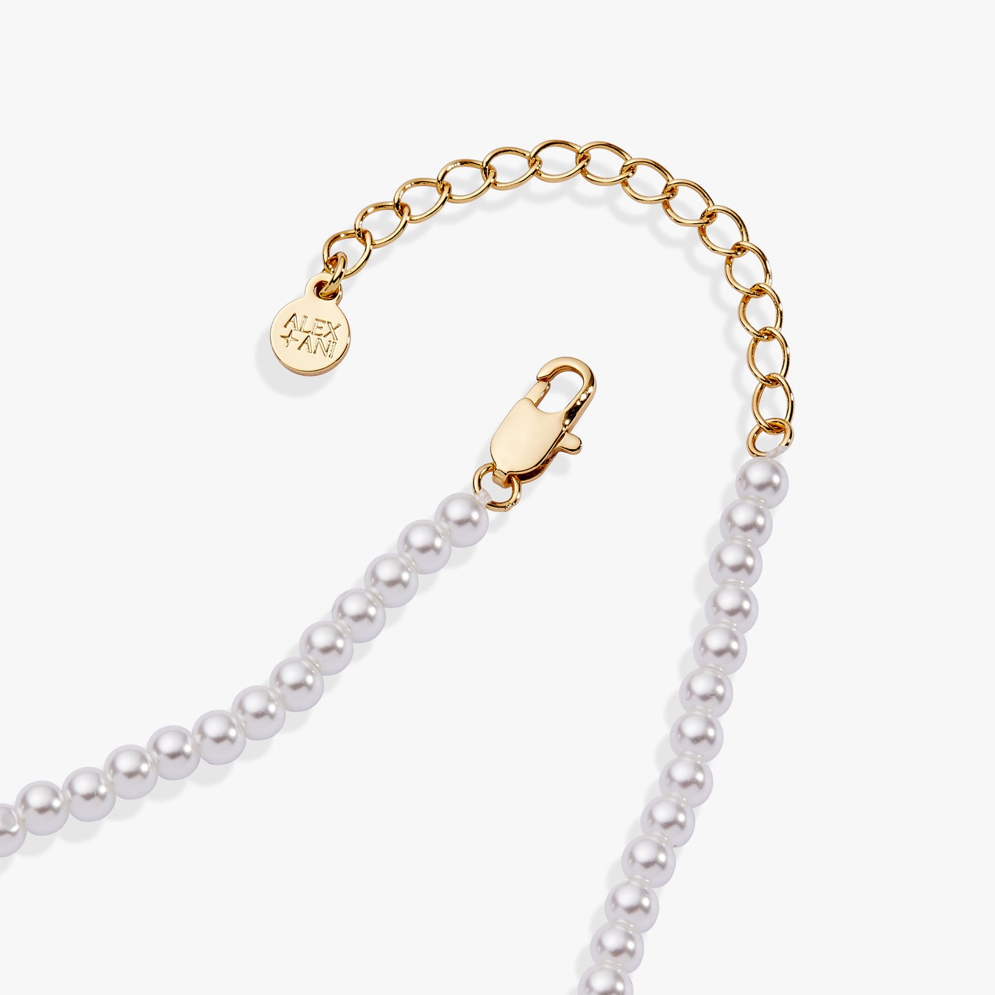 Close-up of the Marissa faux pearl necklace with gold-tone lobster clasp and adjustable extender chain.