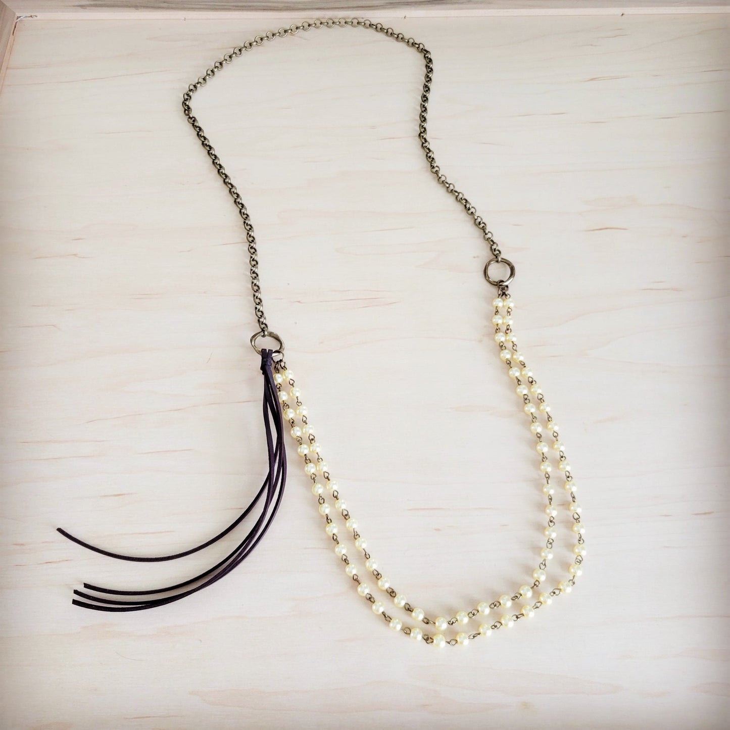Double Strand Champagne Pearl Beaded Necklace, Leather Tassel  264s