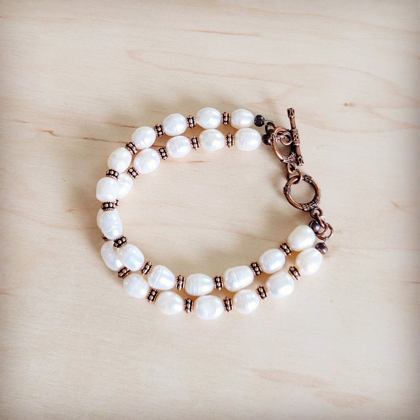 Freshwater Pearl & Copper Boho Beaded Double Strand Bracelet 811y
