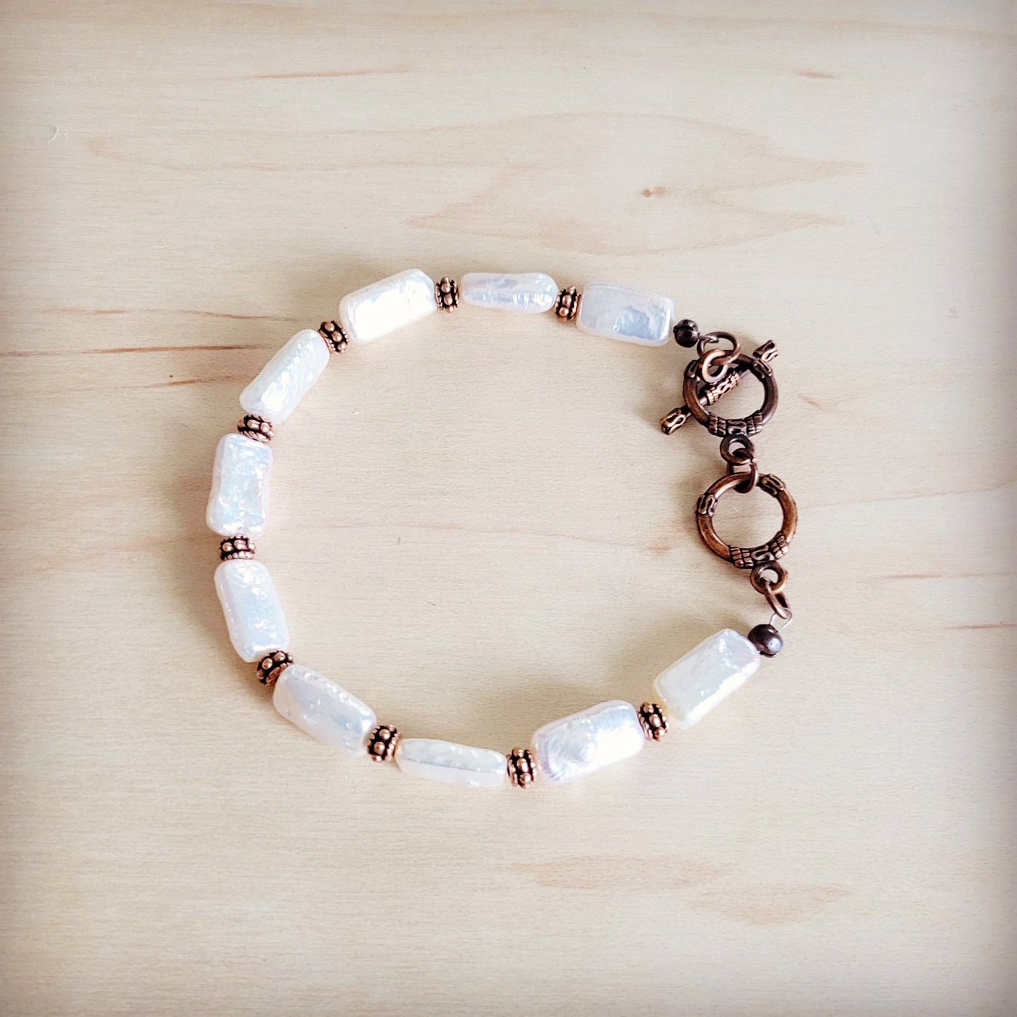 Genuine Rectangle Freshwater Pearl & Copper Bracelet 812c