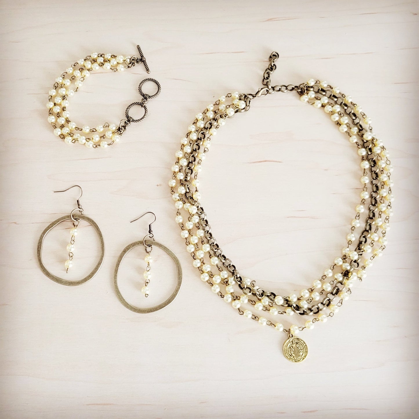 Champagne Pearl Beaded Collar Necklace w/ Pendant 263x