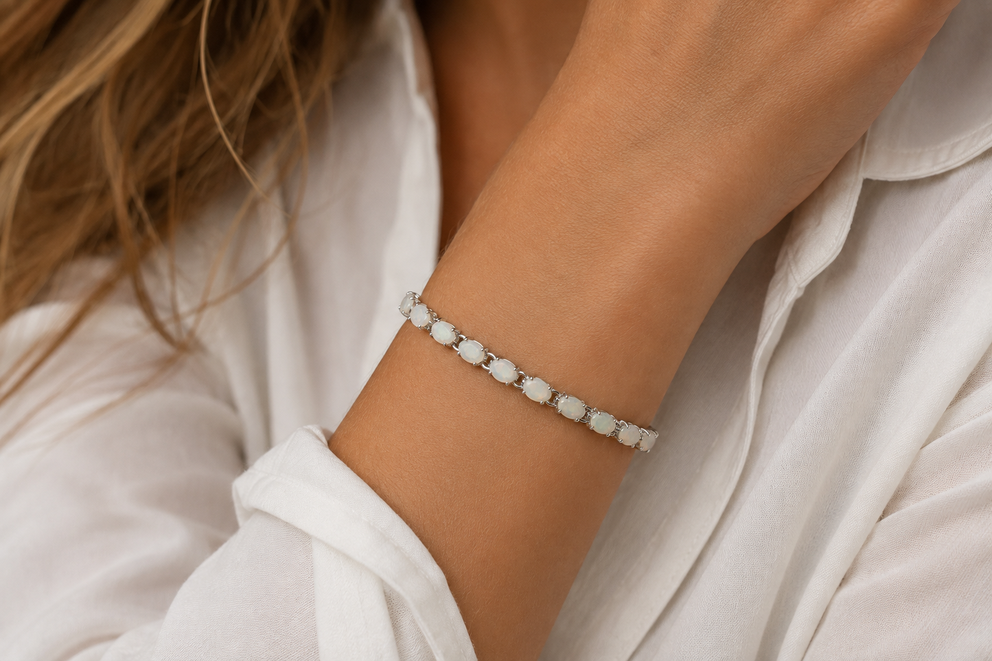 Sterling silver Ethiopian opal bracelet styled with a white button-down shirt