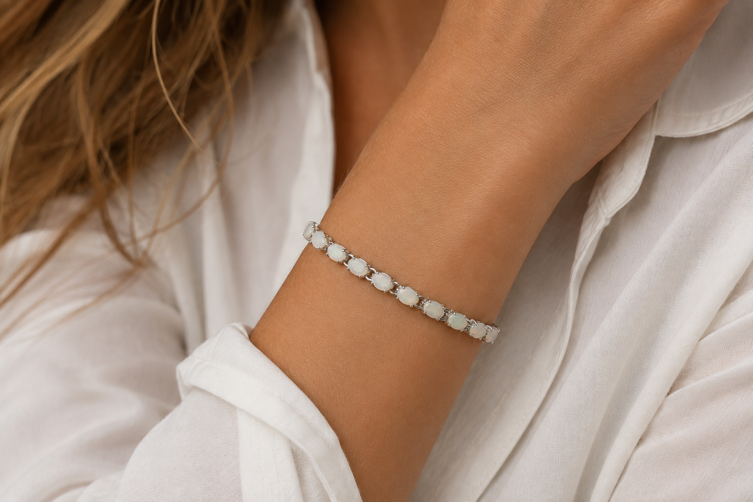 Sterling silver Ethiopian opal bracelet styled with a white button-down shirt