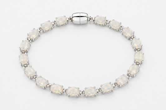Full view of Ophelia natural Ethiopian opal tennis bracelet on clean white background