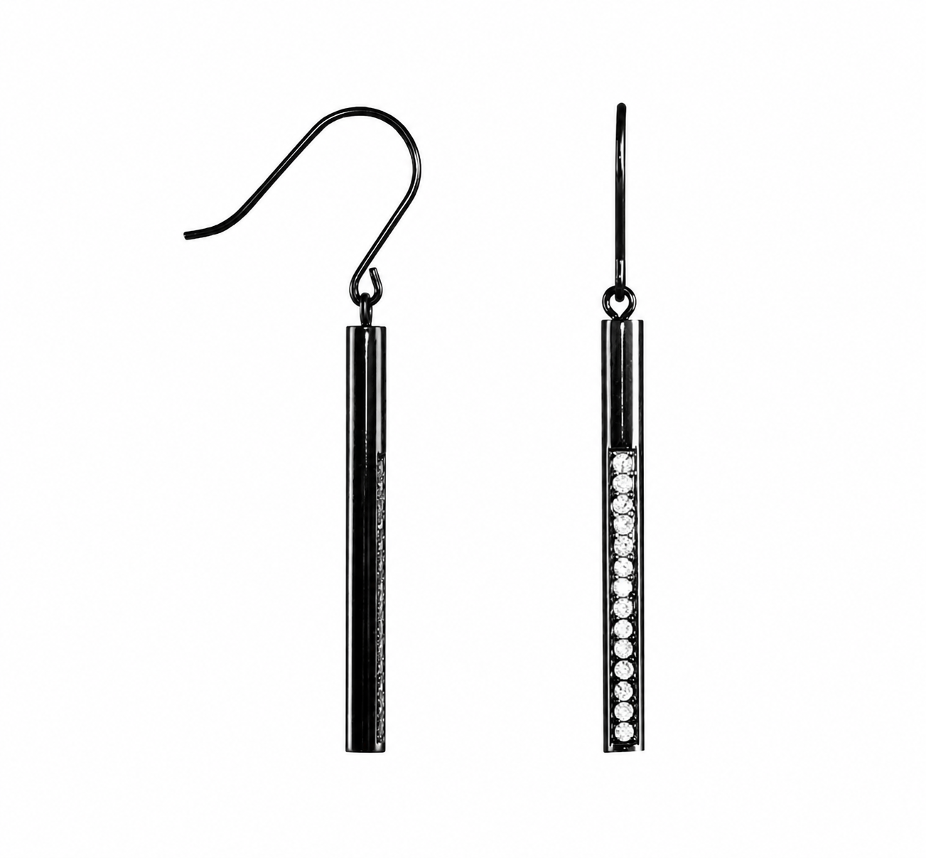     Sloane black bar drop earrings with crystal detail on white background