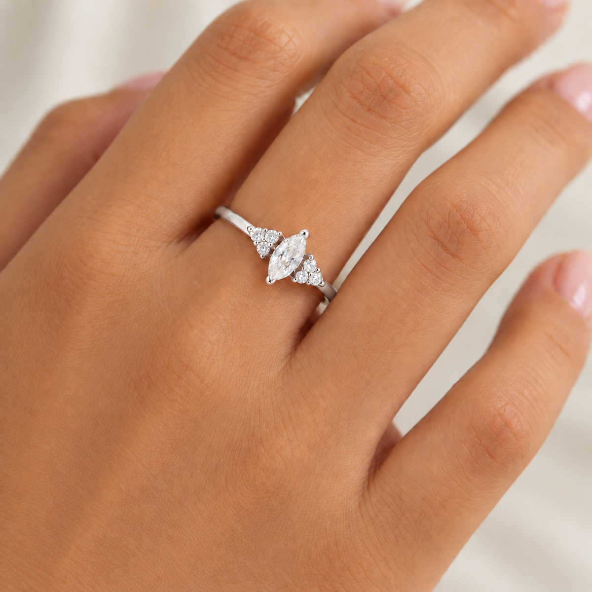 Silver Ari Marquise Ring with marquise cubic zirconia worn on hand