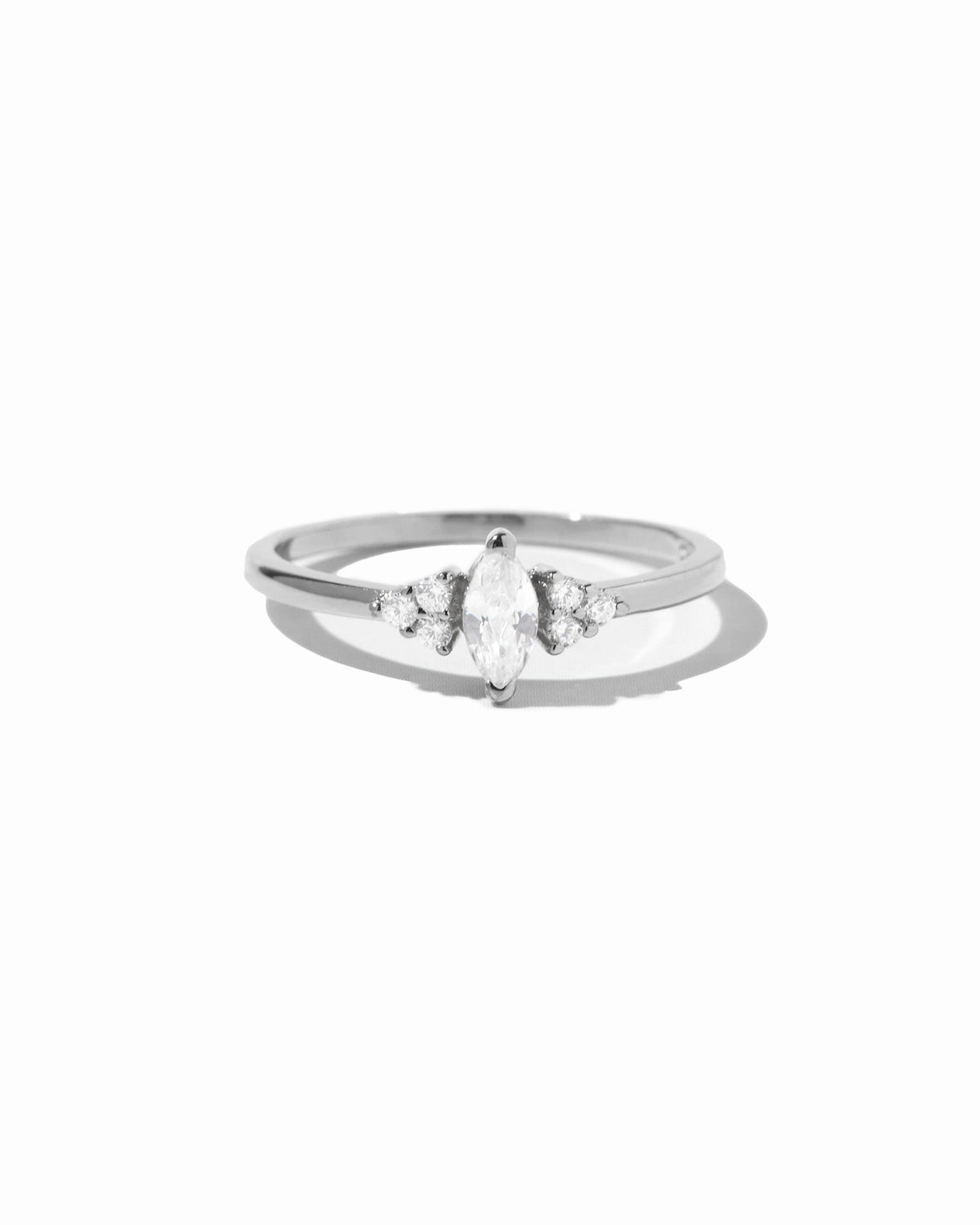 Side view of silver Ari Marquise Ring showing the sterling silver band and marquise setting