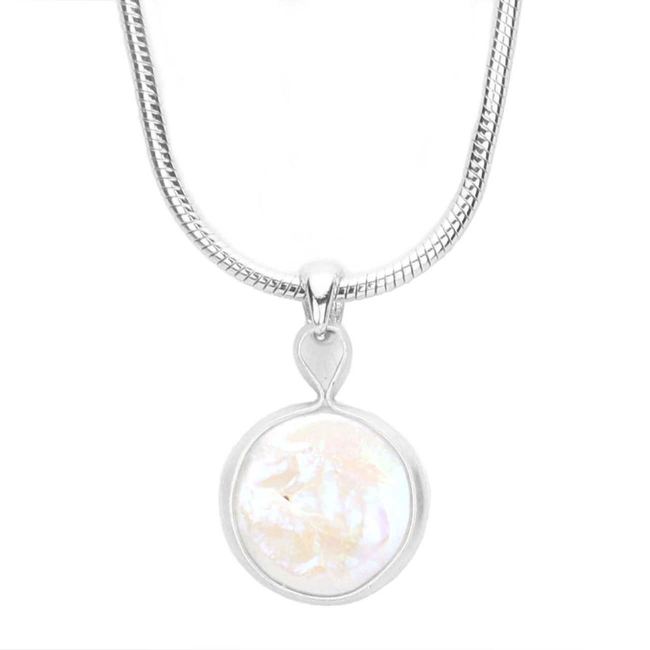 Audrey freshwater pearl pendant necklace in rhodium on white background