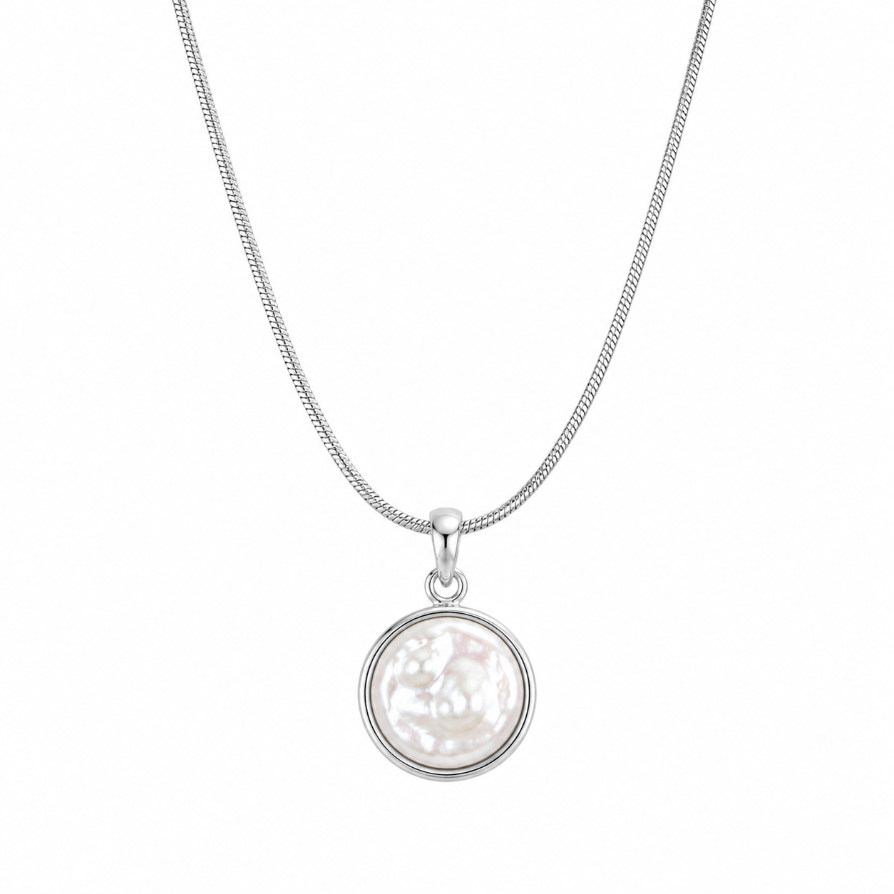 Audrey freshwater pearl pendant necklace in silver on white background