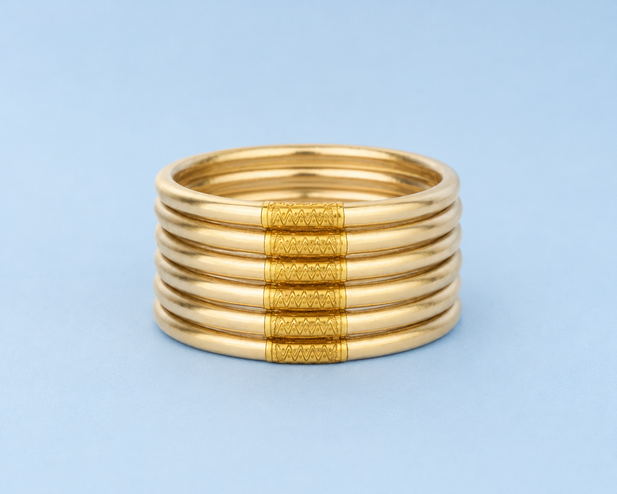 Aveline Étoile All Weather Bangles – Set of Six — gold-tone set of six bangles, image 2. The Riann Ashlyn Collection.