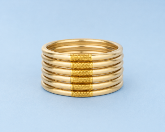 Aveline Étoile All Weather Bangles – Set of Six — gold-tone set of six bangles, image 2. The Riann Ashlyn Collection.
