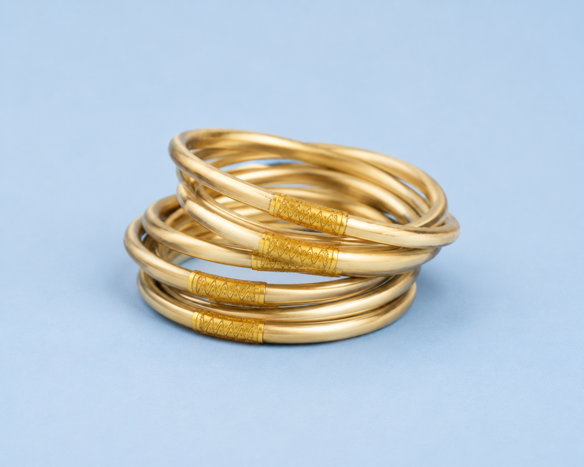 Aveline Étoile All Weather Bangles – Set of Six — gold-tone set of six bangles, image 4. The Riann Ashlyn Collection.