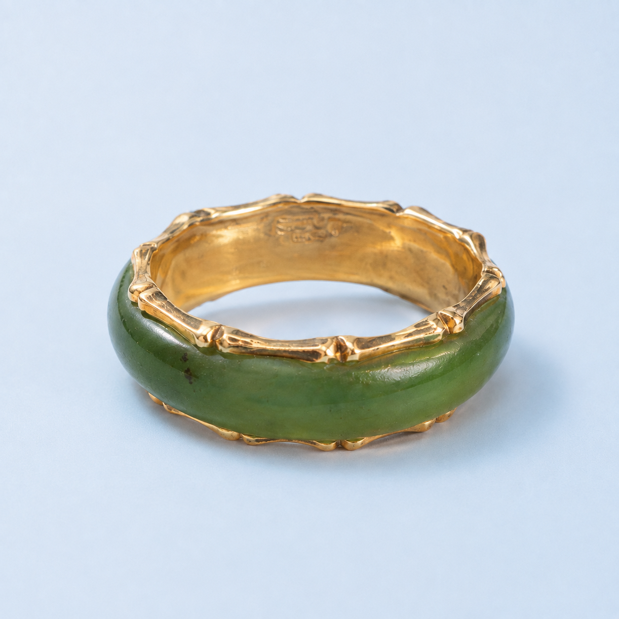 Blaise Jade Ring with green Canadian nephrite jade and gold-plated vintage setting on RA blue background