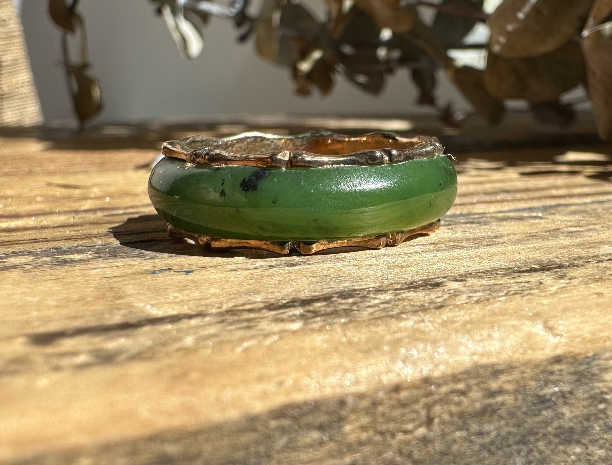 Side view of Blaise Jade Ring with green Canadian nephrite jade and textured gold-plated vintage setting