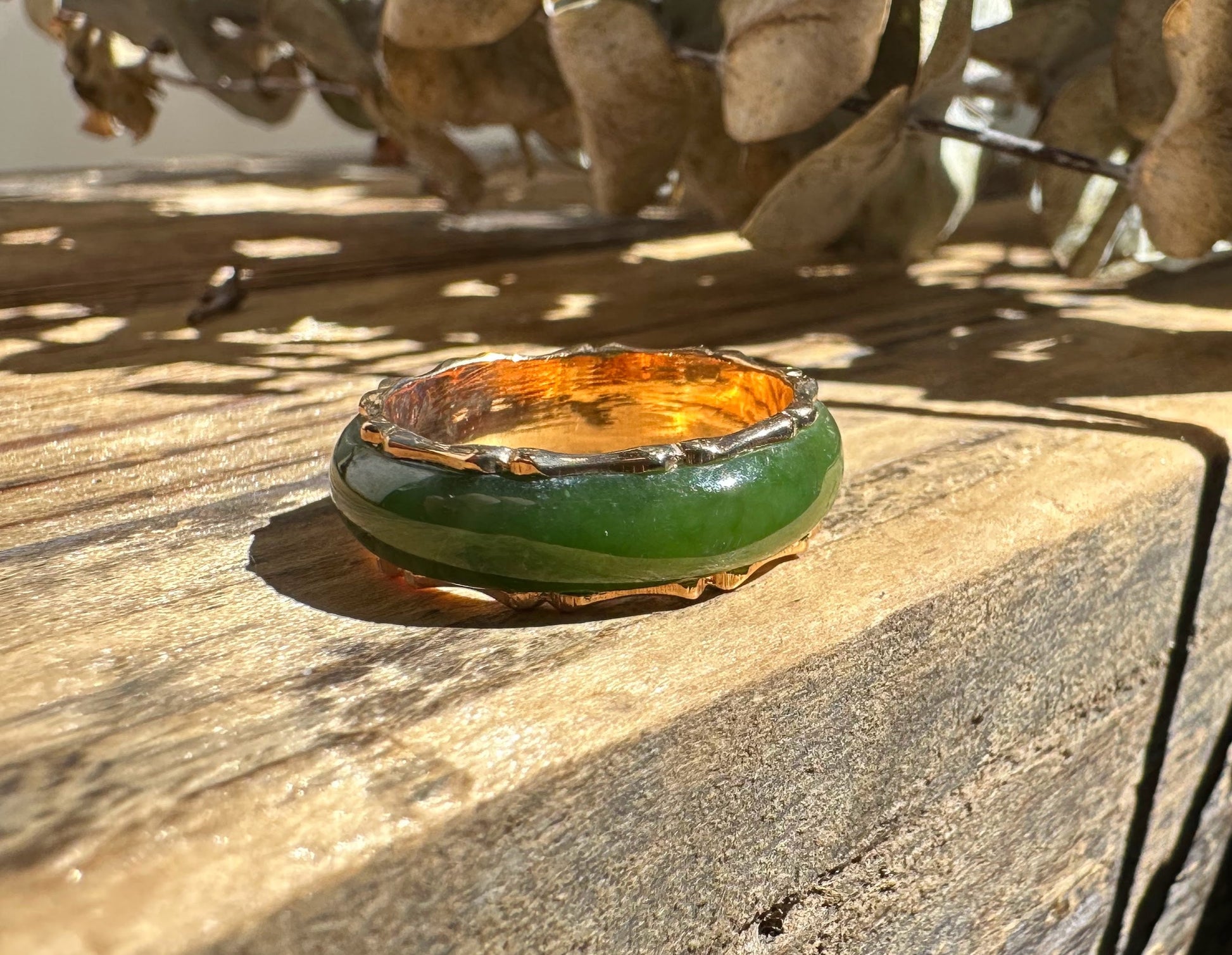 Blaise Jade Ring with green Canadian nephrite jade and gold-plated vintage setting in warm natural light