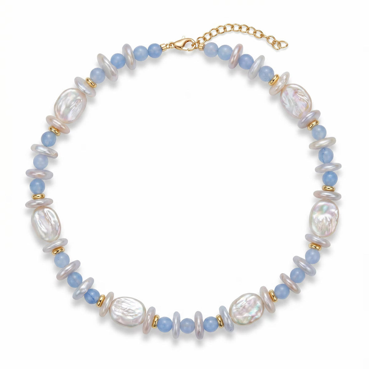 Necklace with light blue beads, white pearl beads and gold-tone accents on a white background