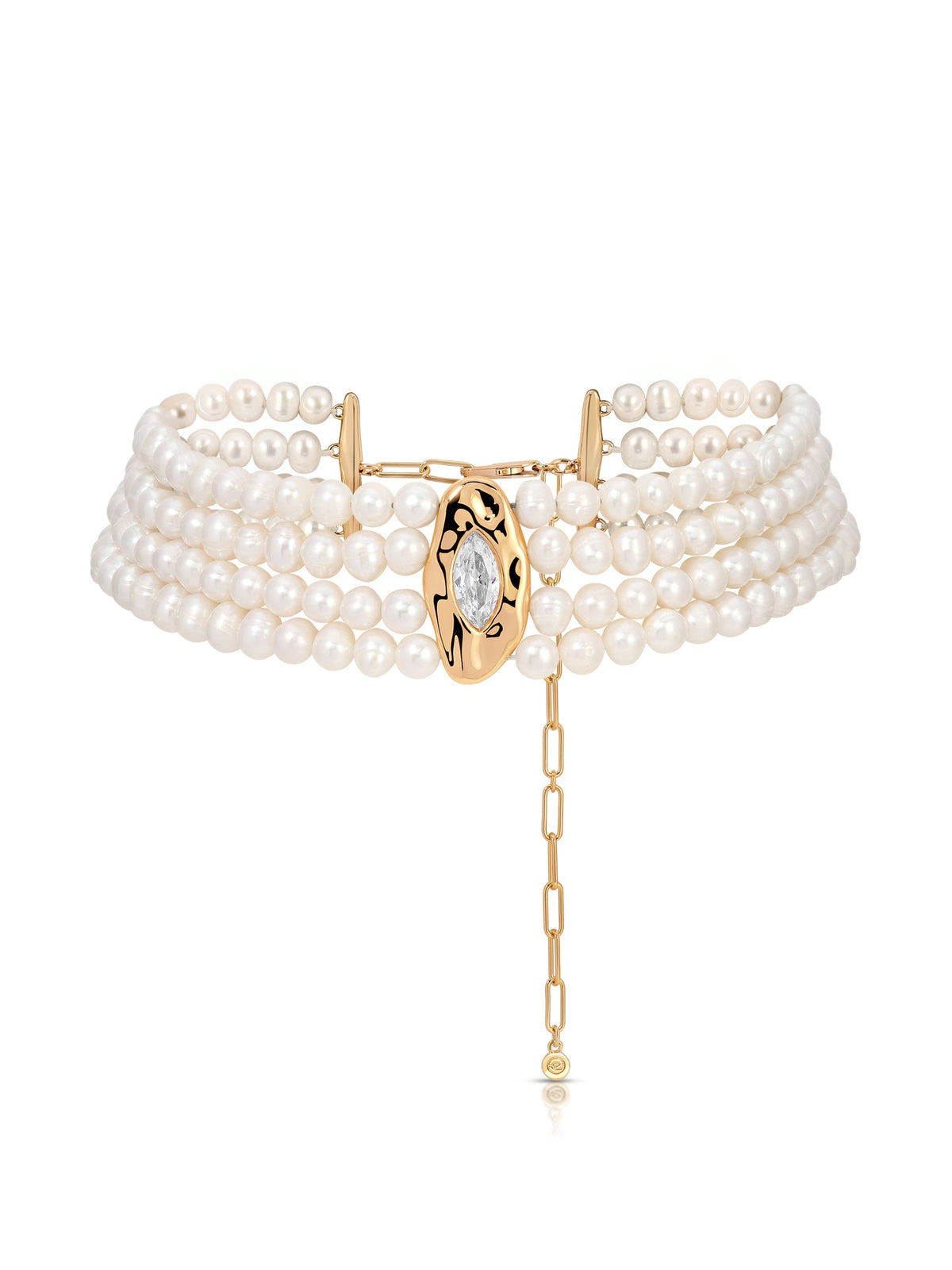     Chandler freshwater pearl choker with gold-plated sculptural centerpiece and extender chain