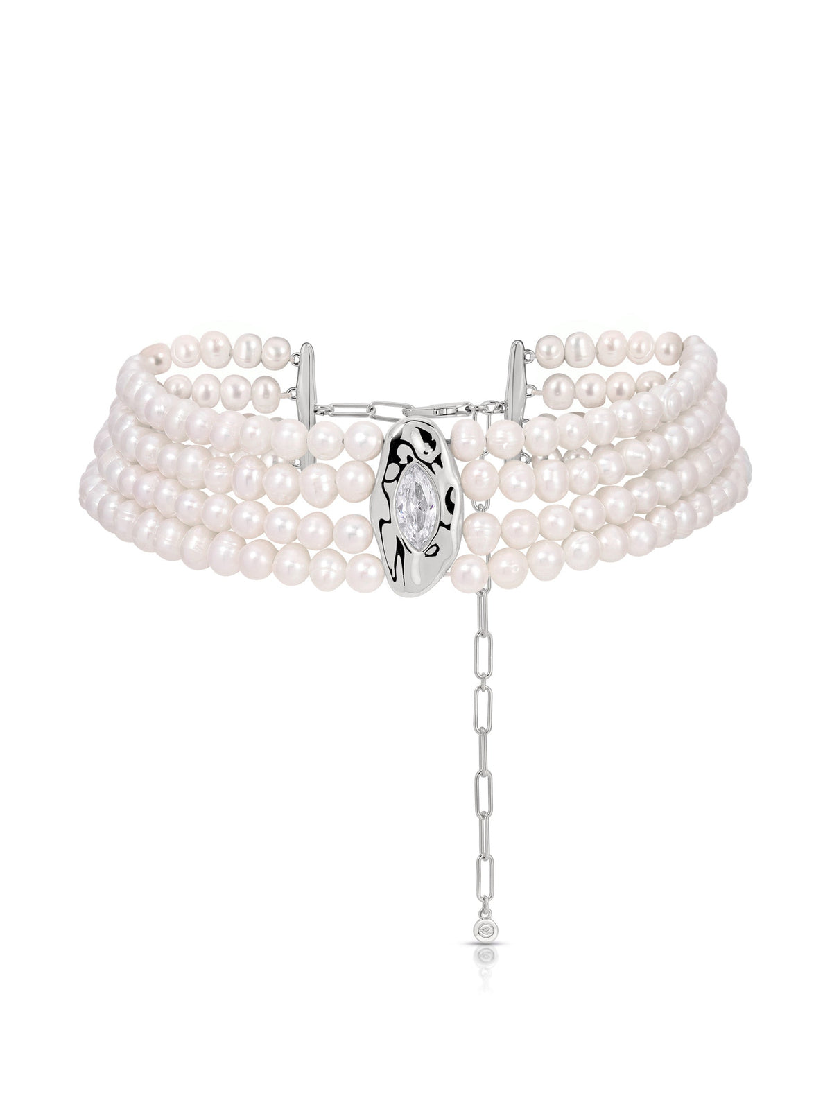 7. Chandler freshwater pearl choker with silver-plated sculptural centerpiece and extender chain