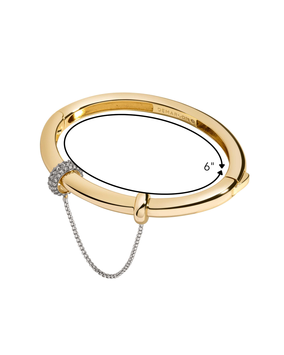 Channing Sculptural Bangle Bracelet from The Riann Ashlyn Collection, showing its hinged design, polished gold-tone finish, pavé accent, and connecting chain.