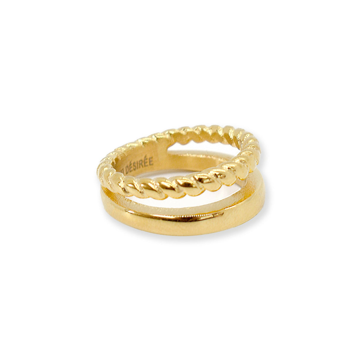 Cleo gold double band ring shown flat with smooth band and twisted rope band detail