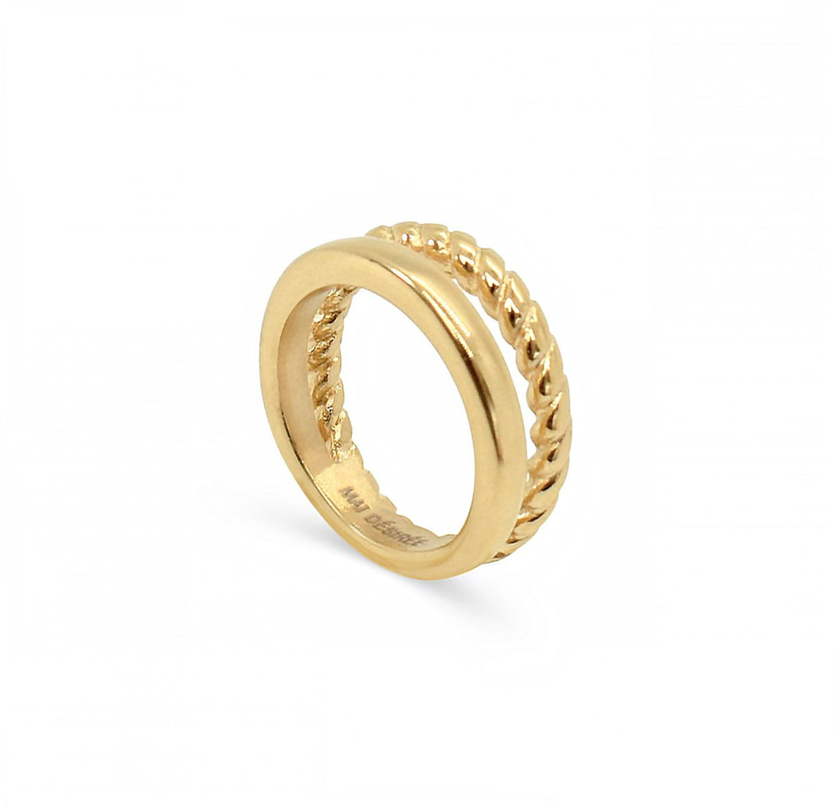 Cleo gold double band ring with smooth and twisted rope bands on white background