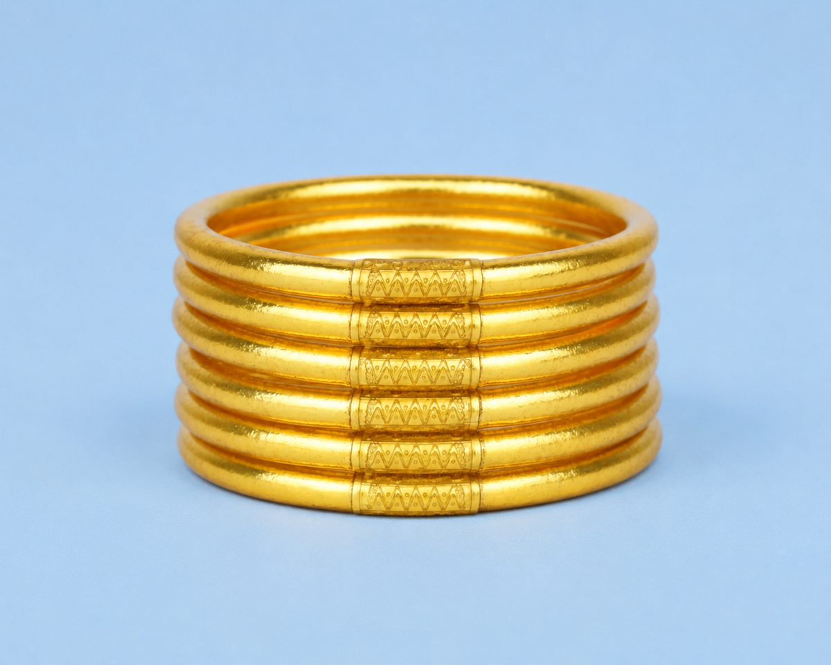 Demi Gold All Weather Bangles, coordinated set of six in signature gold — The Riann Ashlyn Collection