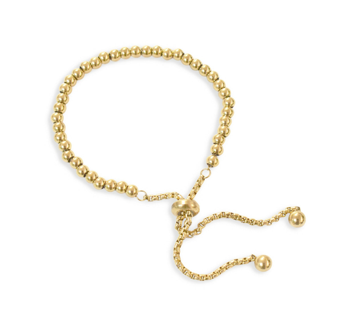 Ellie gold beaded adjustable bracelet shown on a white background