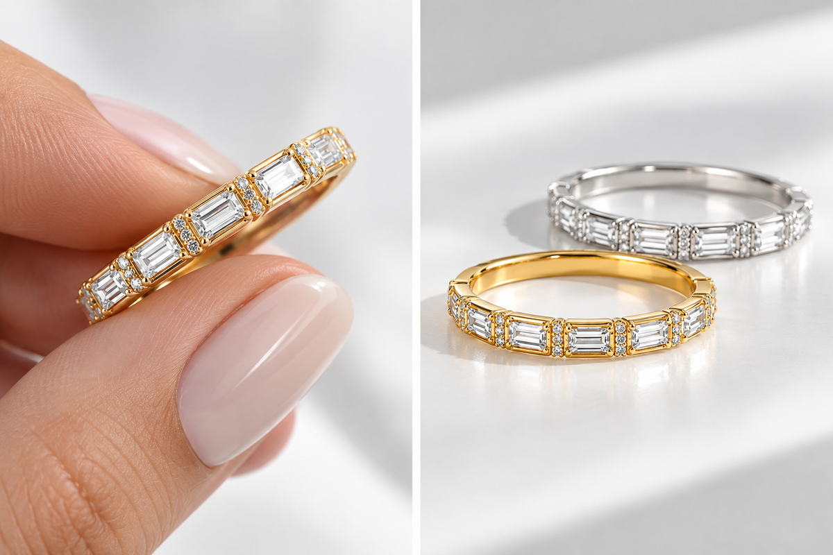 Close-up views of Fallon baguette ring in gold and silver finishes