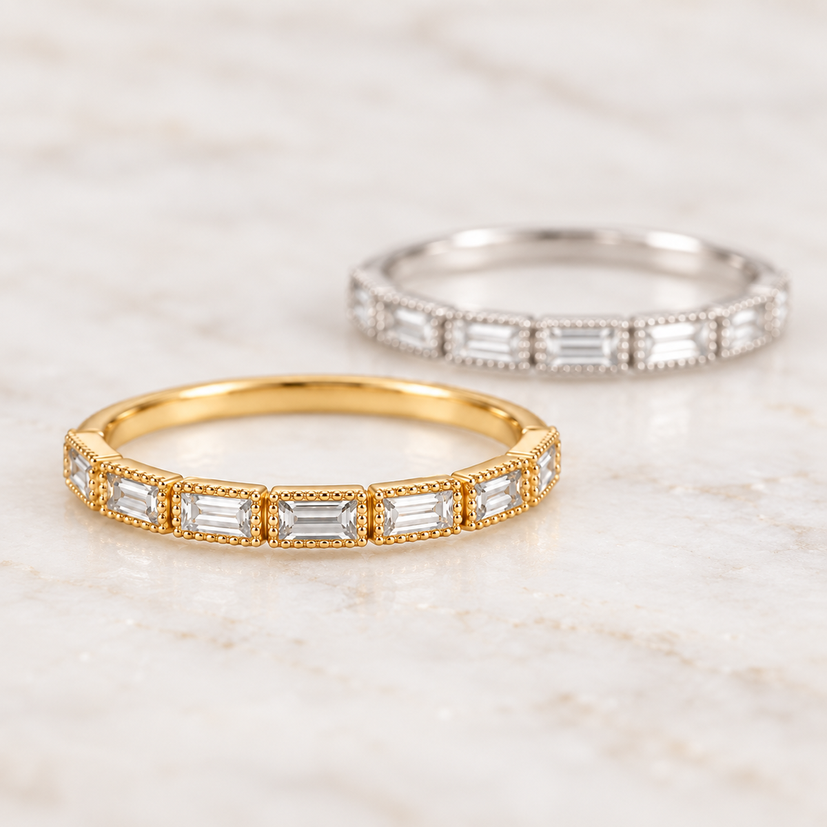 Fallon baguette rings in gold and silver finishes displayed together