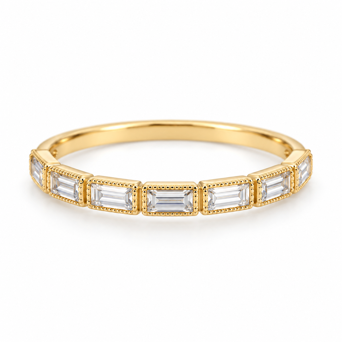 Fallon gold-plated baguette cubic zirconia ring on white background