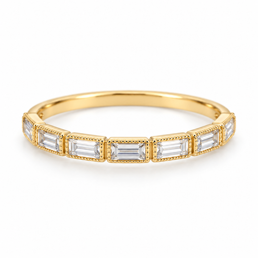 Fallon gold-plated baguette cubic zirconia ring on white background