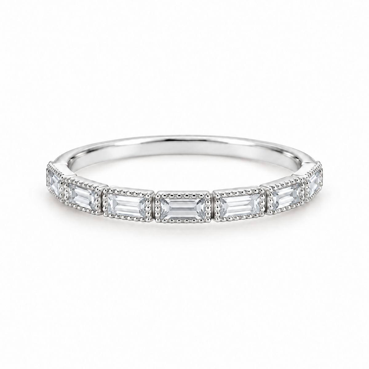 Fallon rhodium-plated baguette cubic zirconia ring on white background