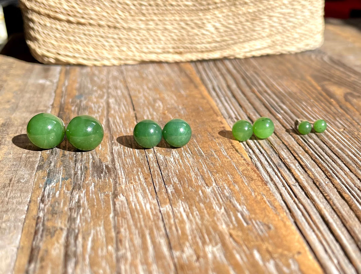     Giada Canadian jade stud earrings shown in multiple sizes from 4mm to 10mm