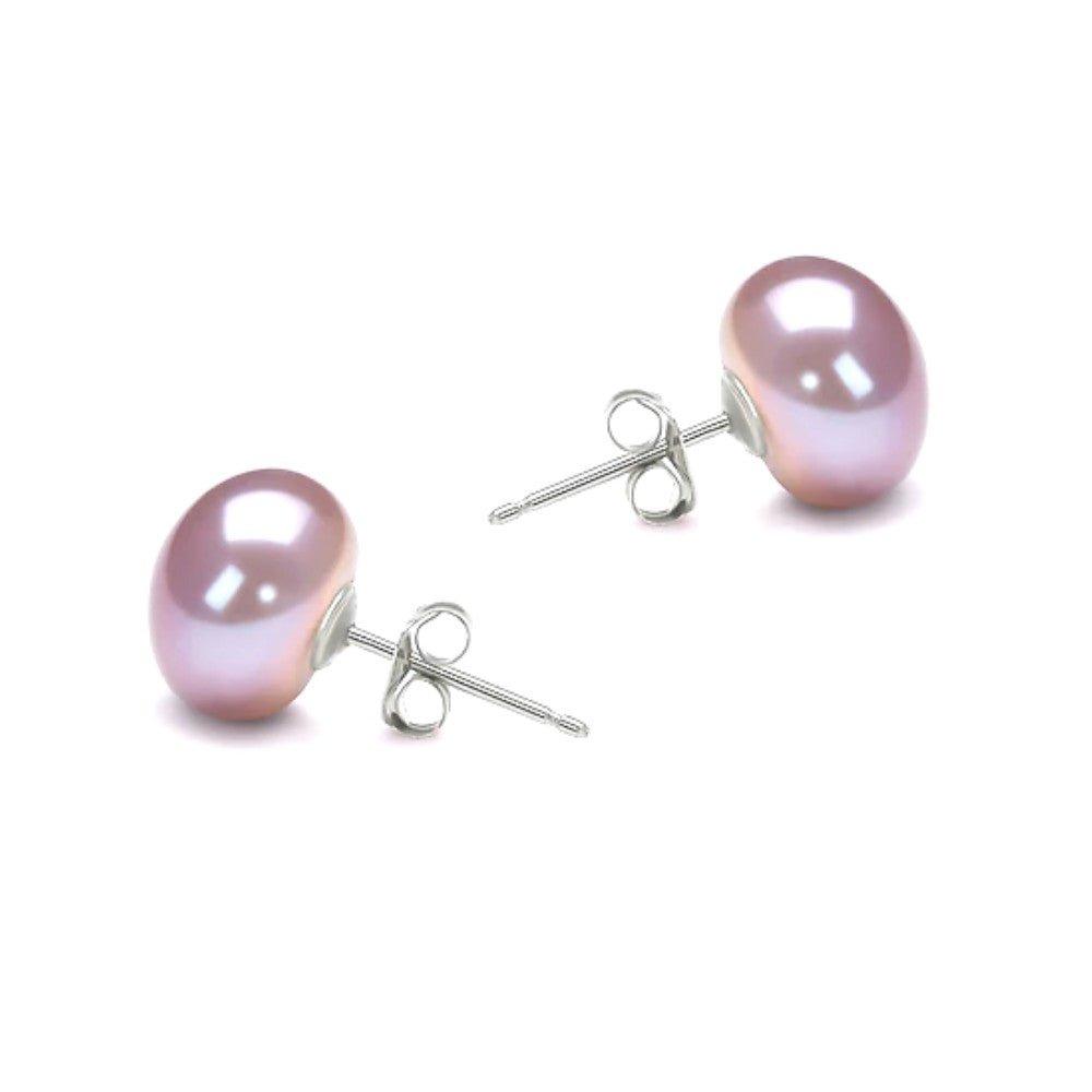 Hadley lavender freshwater pearl stud earrings with posts and butterfly backs on a white background