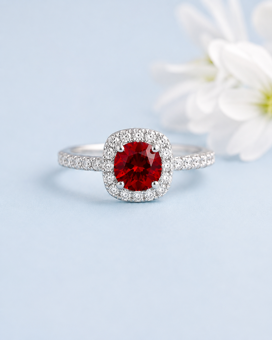  Madison sterling silver halo ring with a Garnet Red moissanite center stone and pavé-set band on a light blue background.