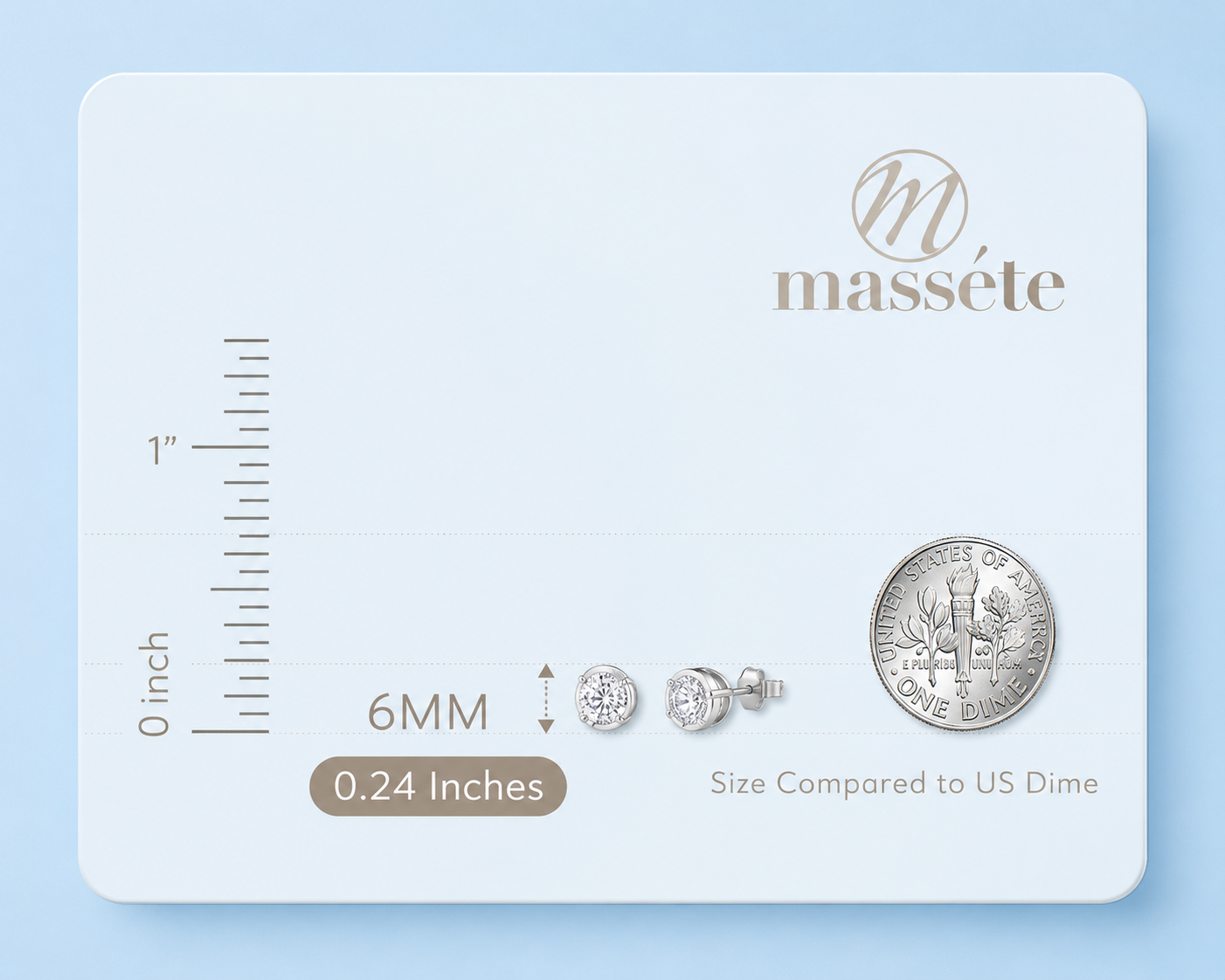 Harper 6mm sterling silver simulated diamond stud earrings shown beside a US dime for size comparison.