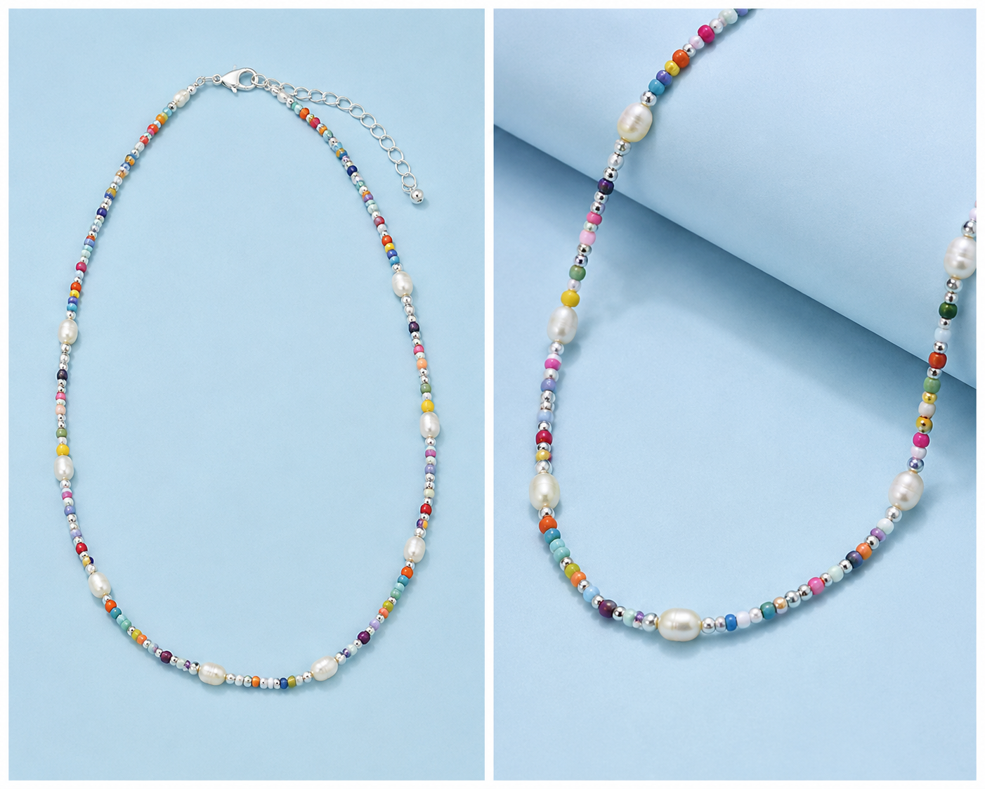 Indy Necklace with multicolor beads, sterling silver beads and genuine freshwater pearls shown in two studio views on a light blue background.