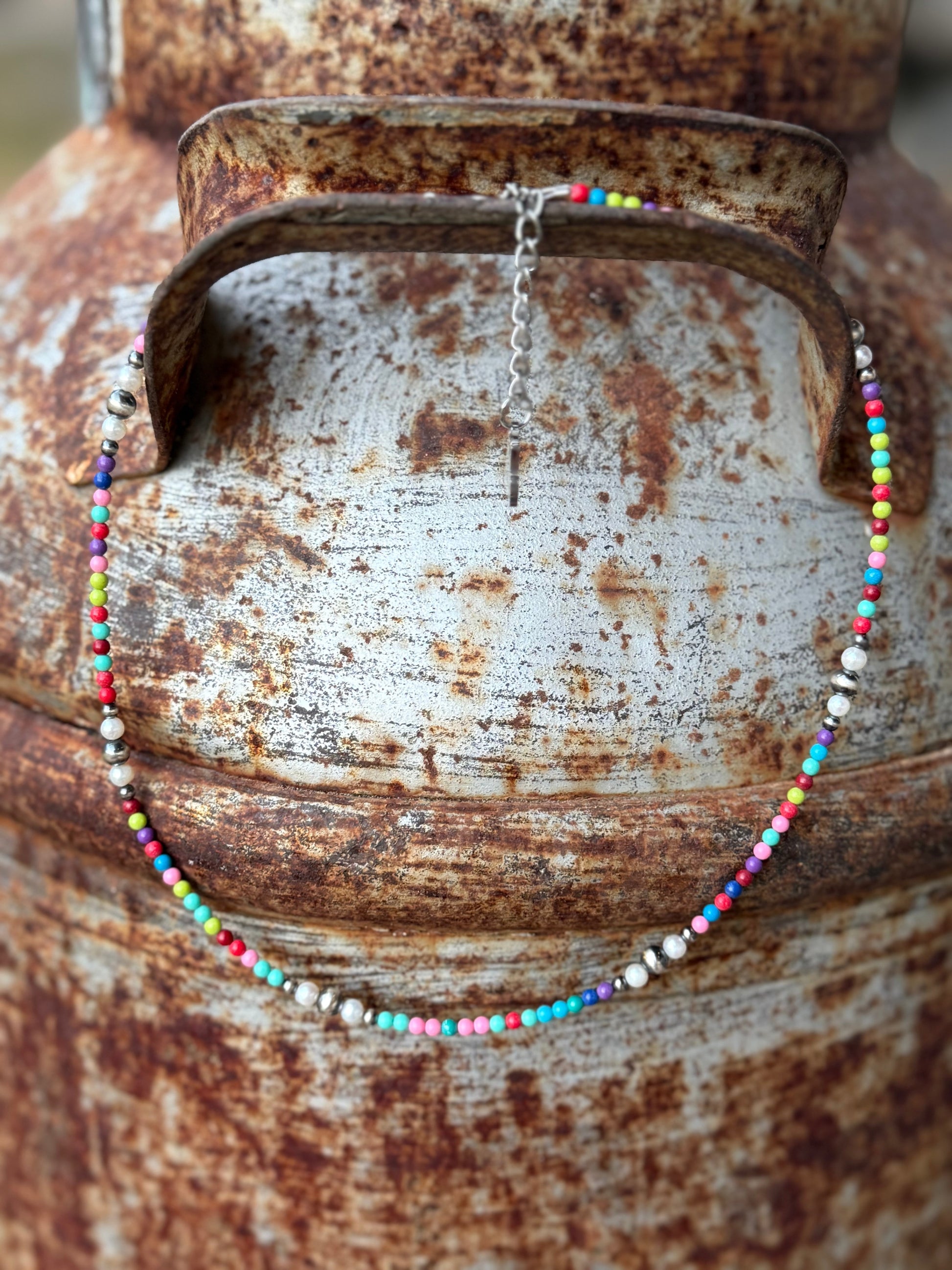 Indy Necklace with multicolor beads, sterling silver beads and genuine freshwater pearls