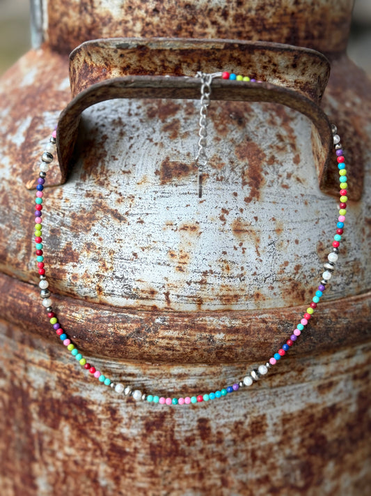 Indy Necklace with multicolor beads, sterling silver beads and genuine freshwater pearls