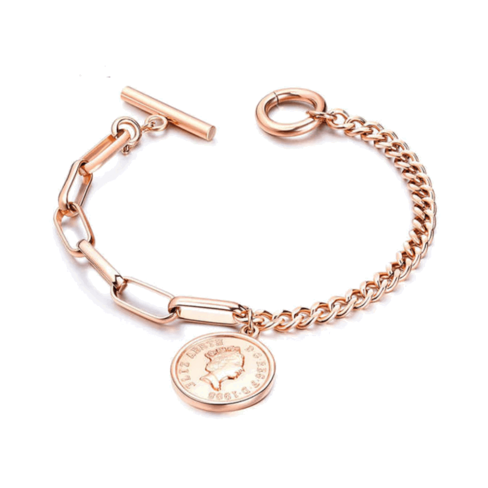 Jovie rose gold mixed link bracelet with coin charm and toggle clasp on white