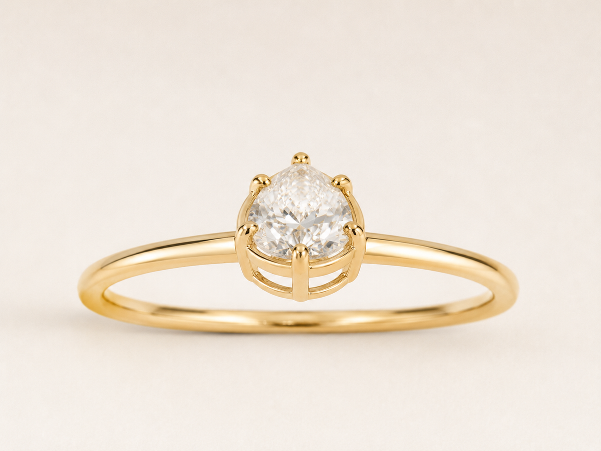 Back view of the Lux gold-tone pear-cut bezel ring showing the open setting and clear center stone