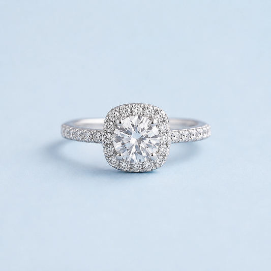Madison sterling silver halo ring with a white moissanite center stone and pavé-set band on a light blue background.