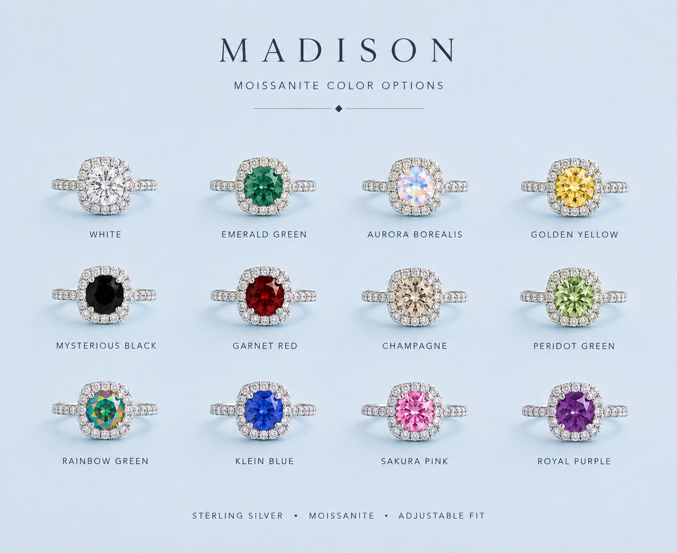 Madison sterling silver halo ring shown in 12 moissanite color options on a light blue background.