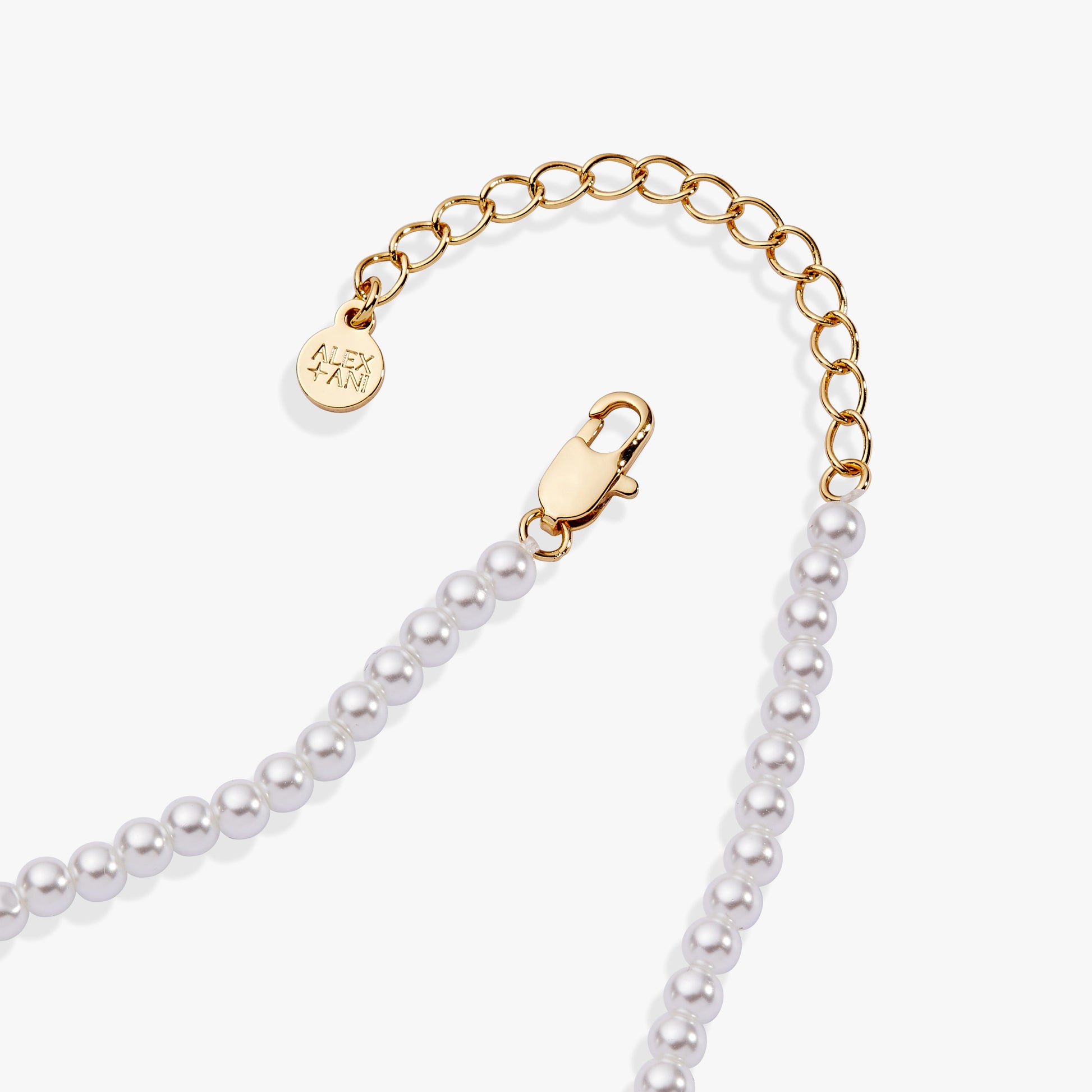 Close-up of the Marissa faux pearl necklace with gold-tone lobster clasp and adjustable extender chain.