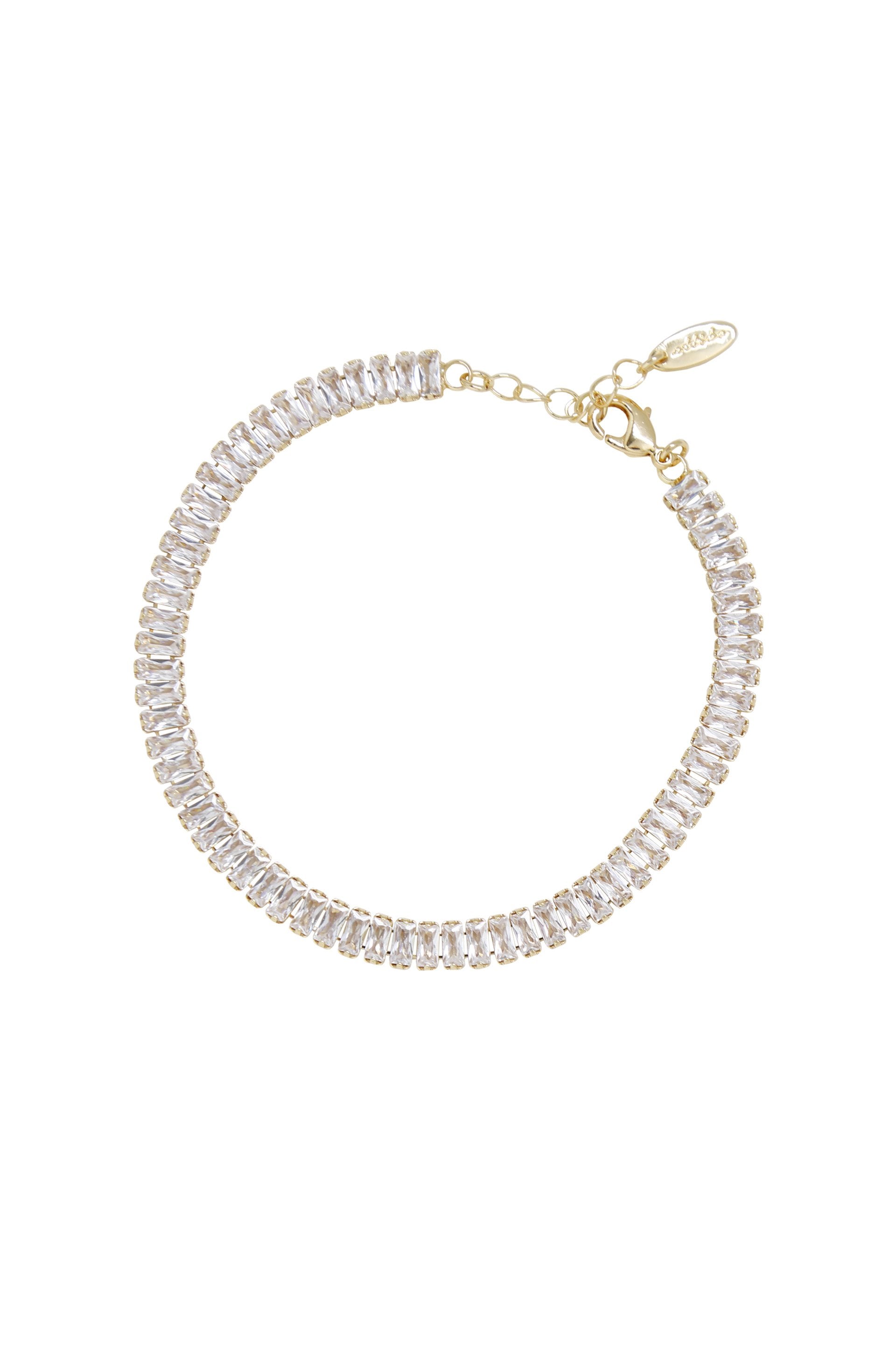 Moxie clear baguette cubic zirconia anklet with 18k gold-plated brass on white background