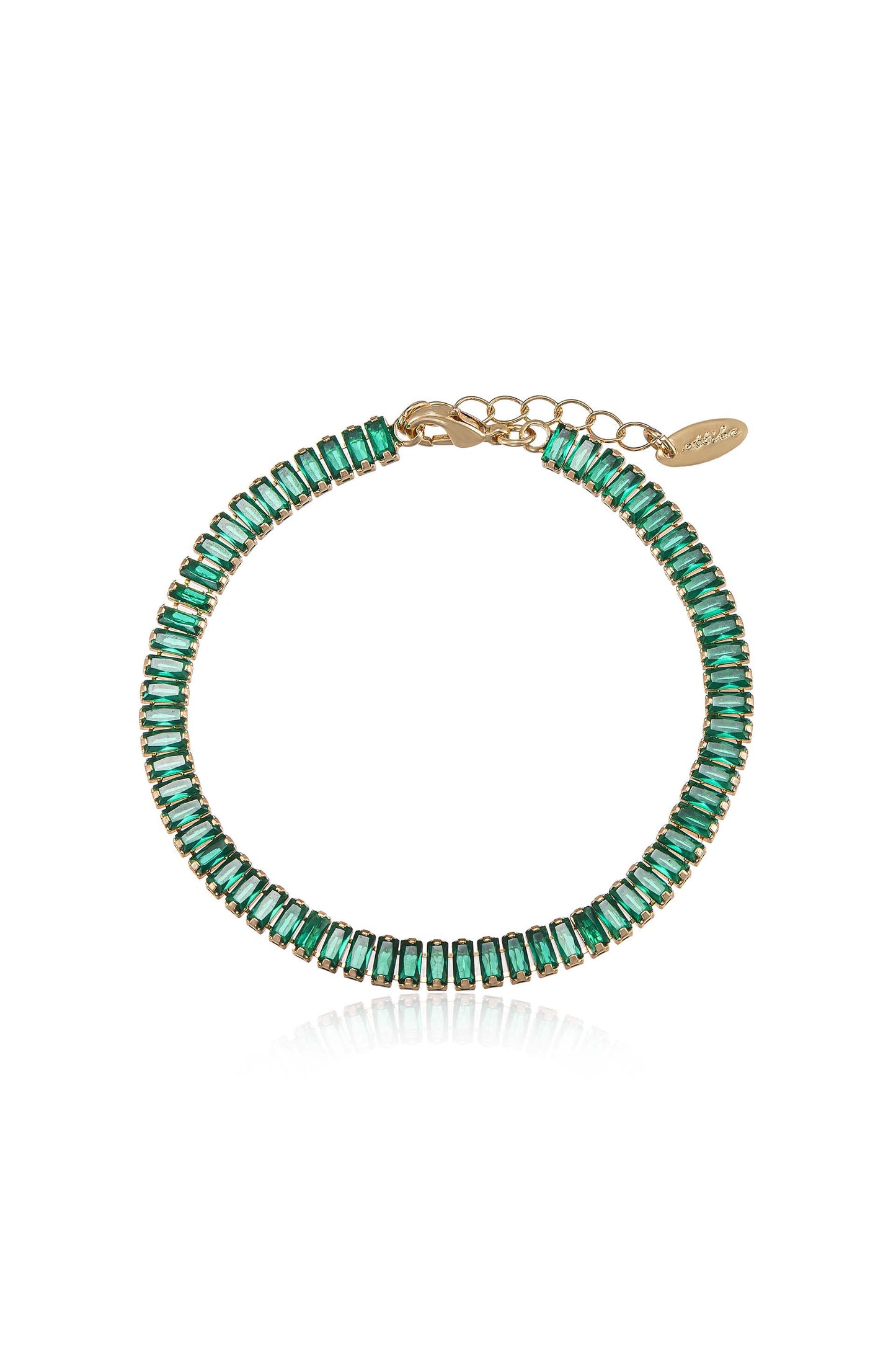 Moxie emerald green baguette cubic zirconia anklet with 18k gold-plated brass on white background