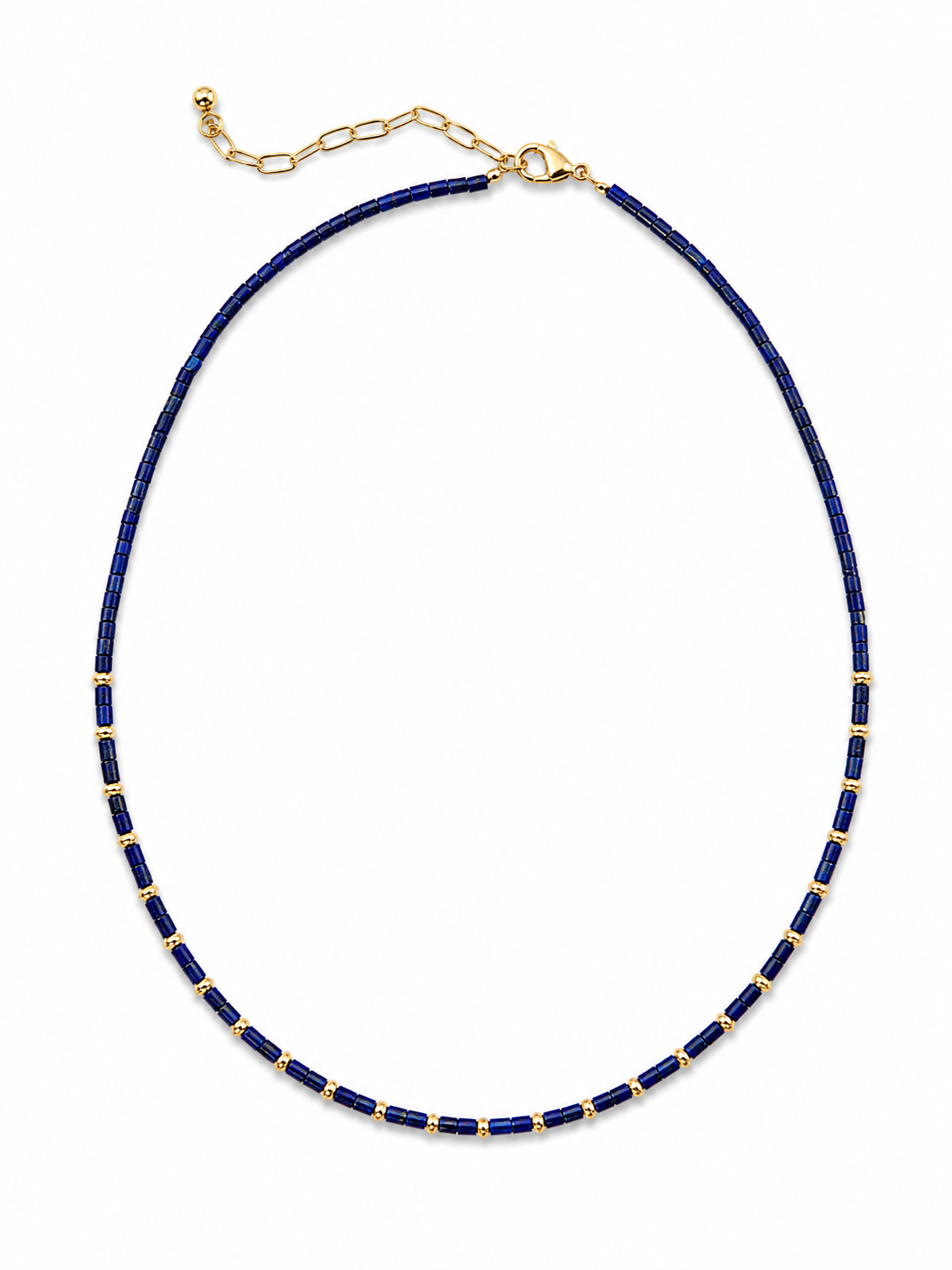 Navy Lapis Necklace with genuine lapis lazuli beads and 18K gold-plated details on a white background.