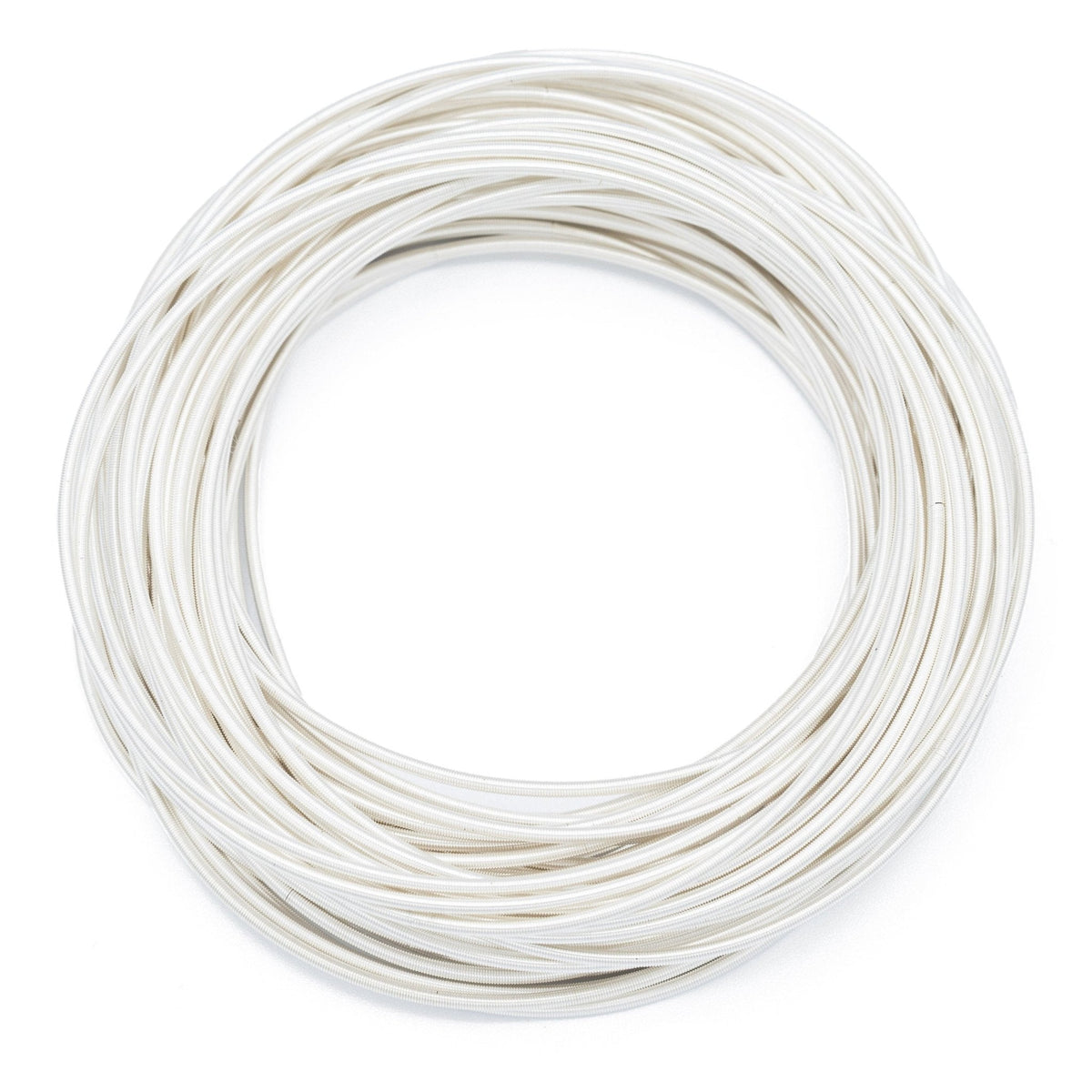 Neve silver-plated spring bracelets arranged in a circular stack on a white background.